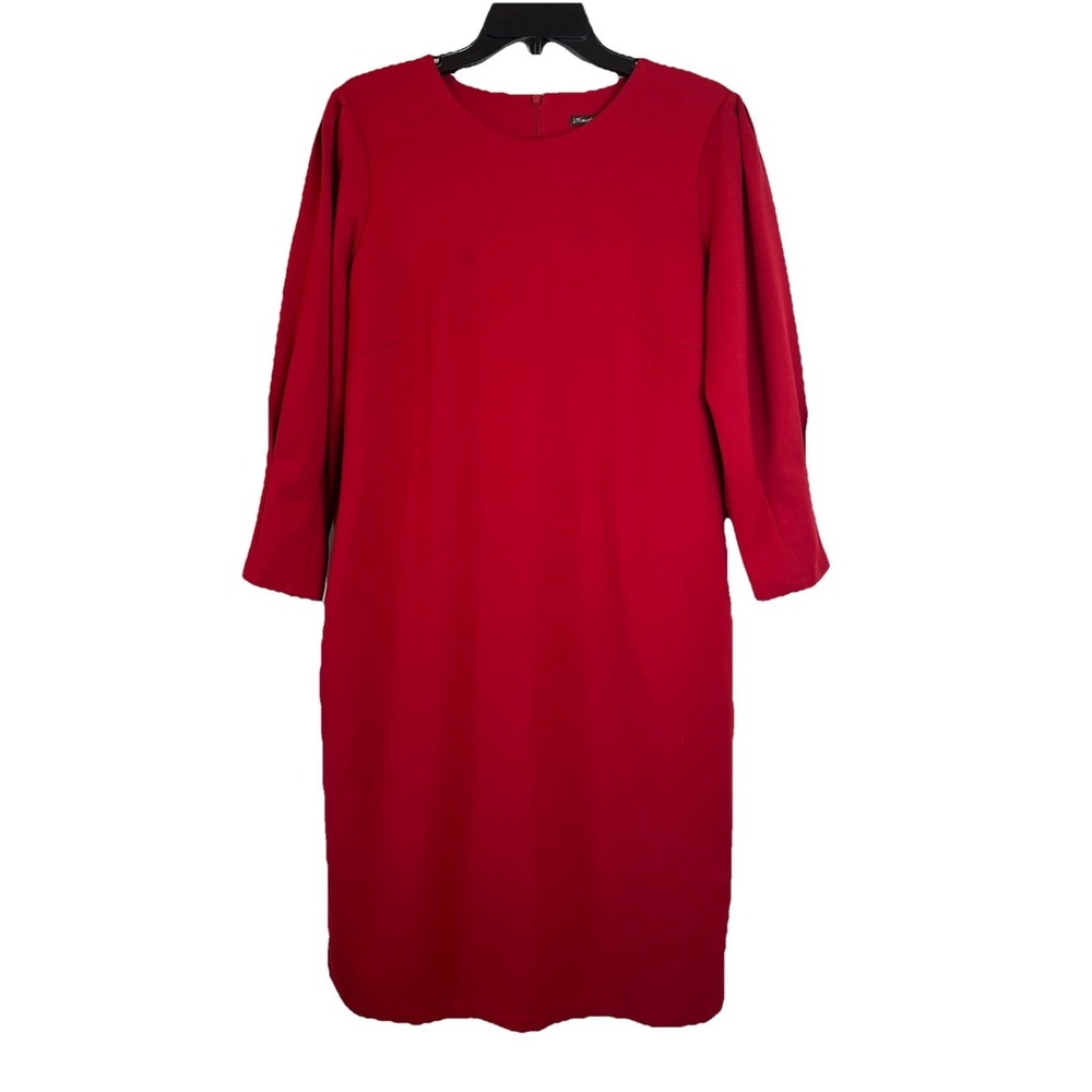 J McLaughlin Womens Sz Large Red Ezra Pleated Puff Sleeve Ponte Sheath Dress